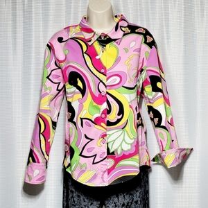 Willow Retro Groovy Funky & Floral Colorful Stretch Blouse Women's (M)